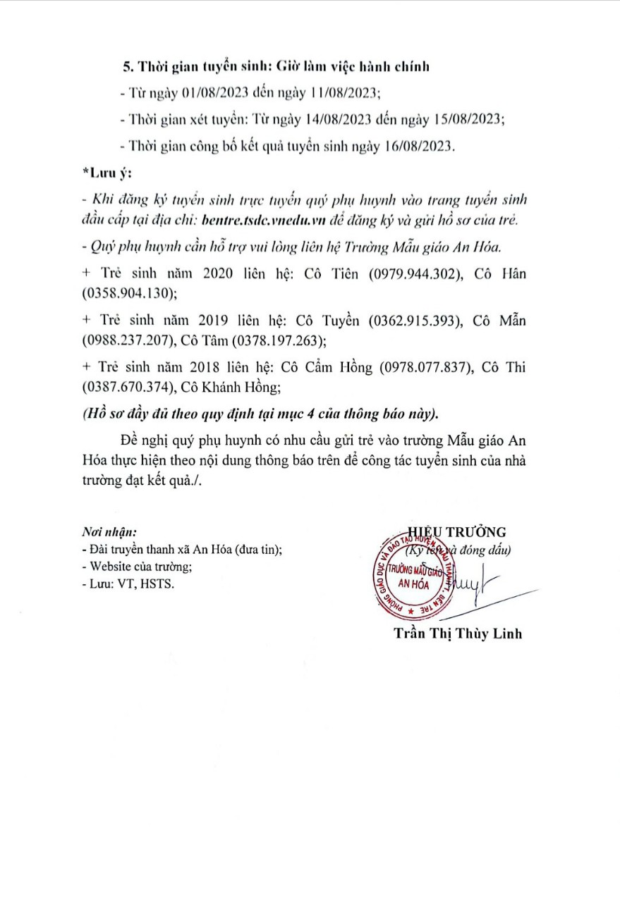 Kế hoạch tuyên sinh nam hoc 2023 - 2024