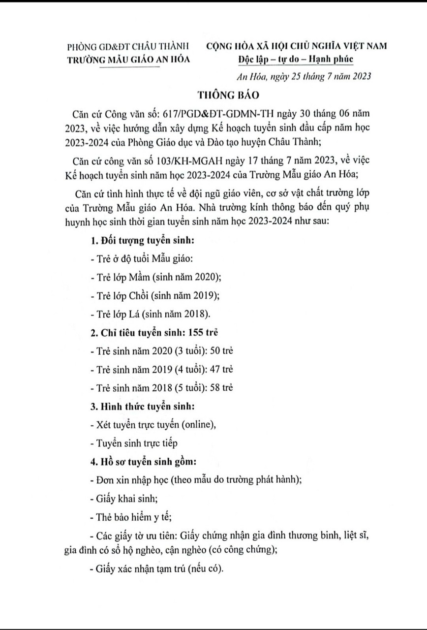 Kế hoạch tuyên sinh nam hoc 2023 - 2024